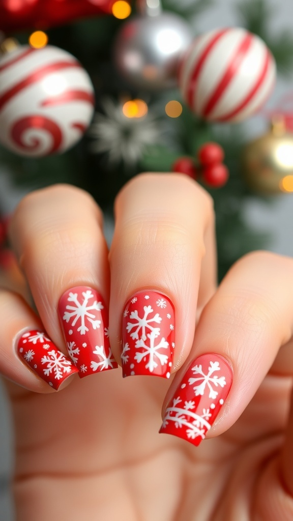 Short nails with red and white Christmas nail art featuring snowflakes and stripes.